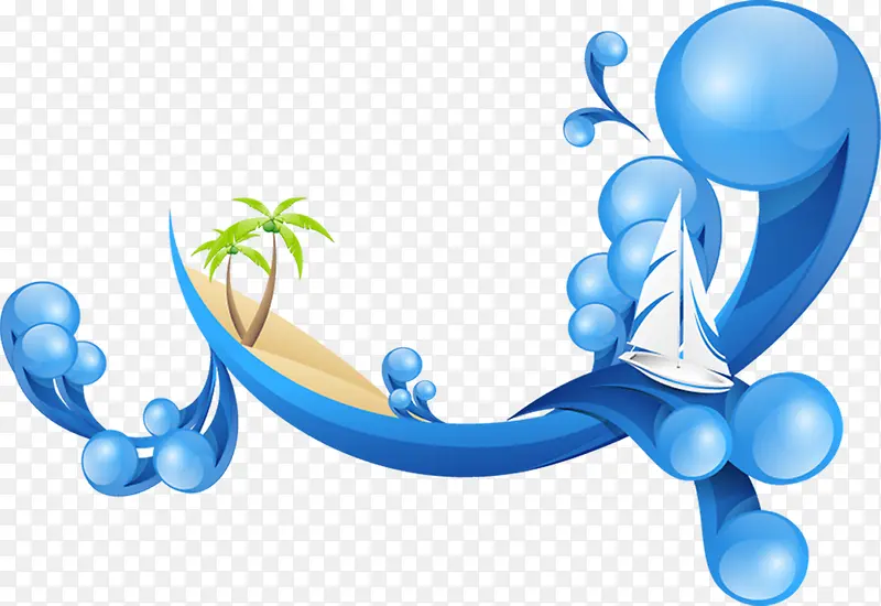 卡通蓝色水珠椰子树轮船效果