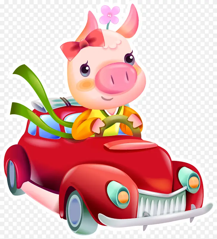 小汽车小猪新年png矢量素材