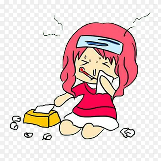 卡通女孩生病发烧流鼻涕