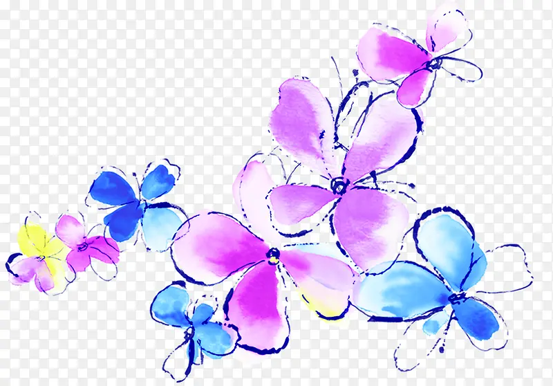 手绘蓝粉色水彩小花装饰