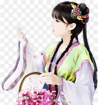 提花篮的乖巧少女古风手绘