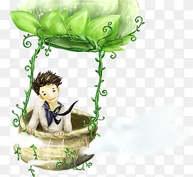 绿色插画人物男孩花朵花篮