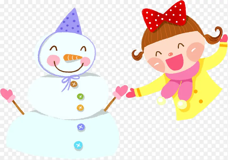 扁平卡通风格创意合成小女孩和雪人