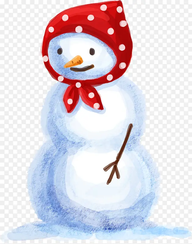 手绘带着红色帽子的雪人