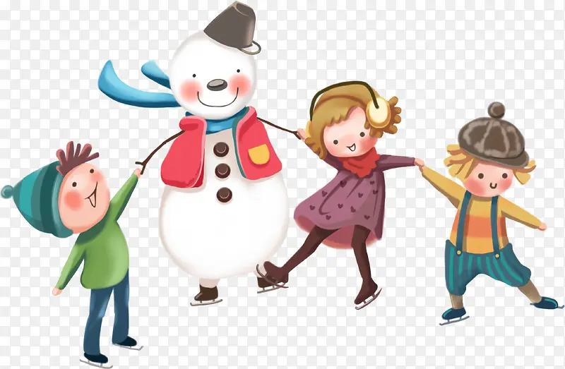 手绘冬季雪人小孩