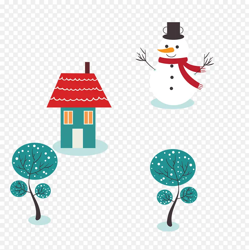 冬季雪人树木房子