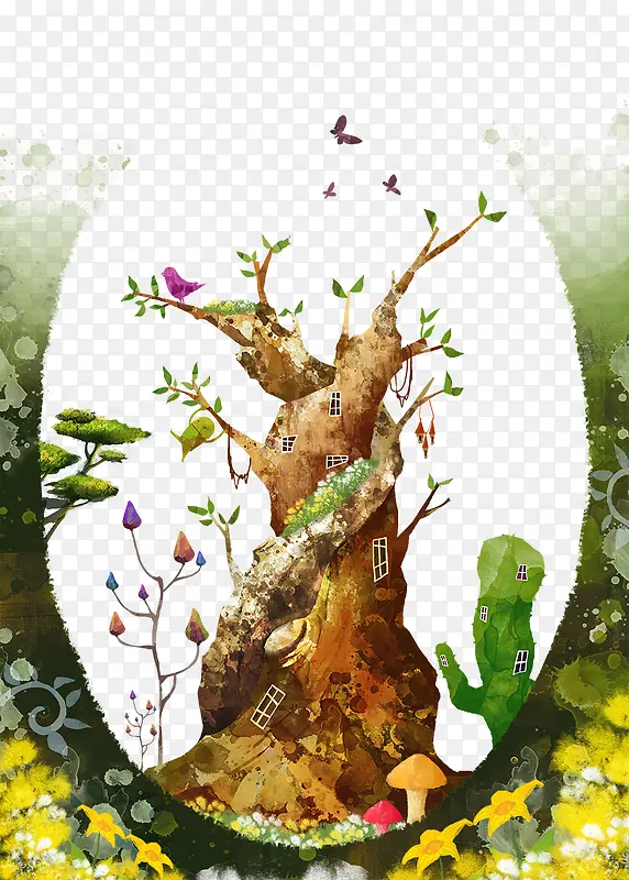 手绘大树风景画