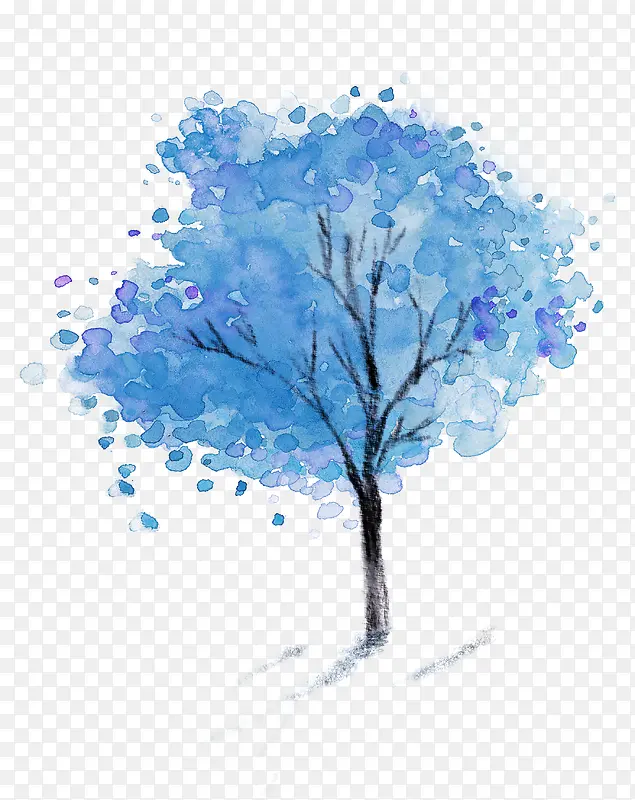 手绘蓝色水墨植物大树