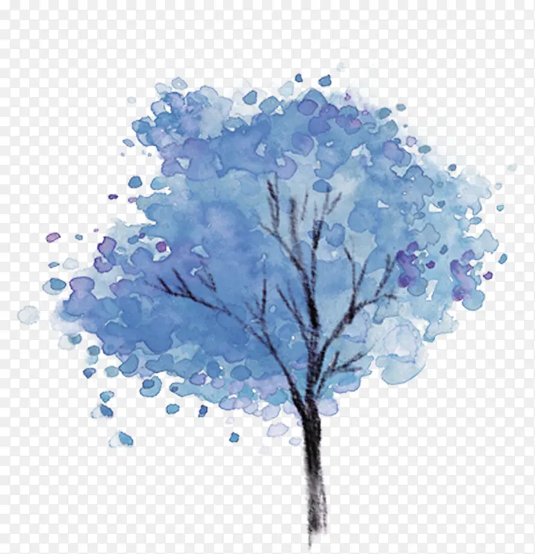 蓝色水墨手绘大树