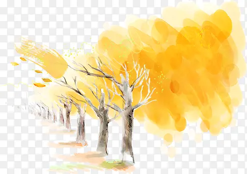 手绘黄色秋季大树