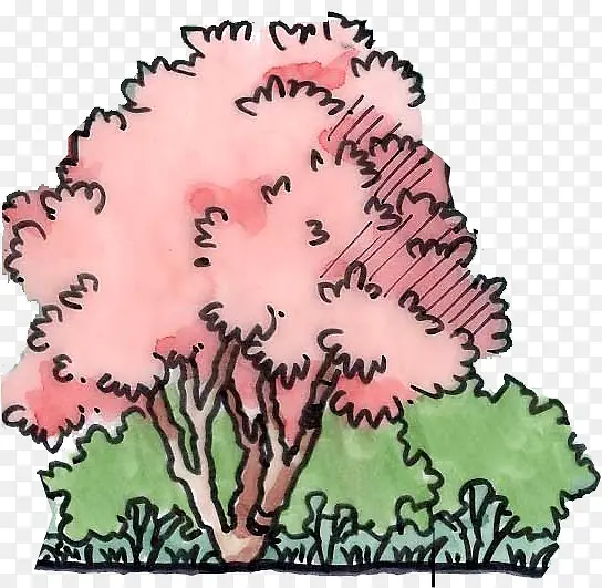 手绘粉色创意大树景观