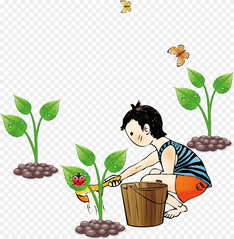 卡通少年树芽浇水植树节