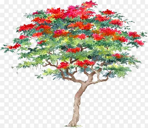大树红色花朵手绘环境素材