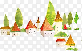 手绘绿色大树红色房屋