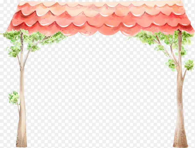 红瓦建筑大树插画