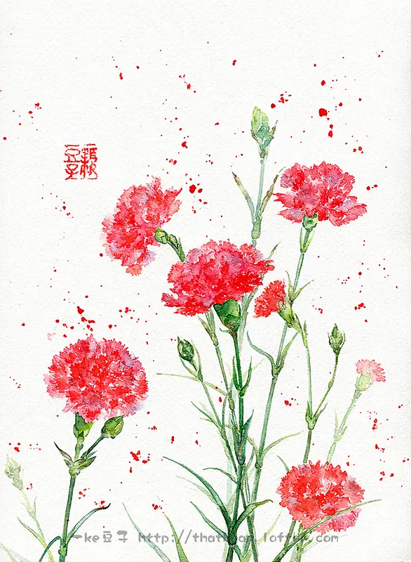 红色手绘田园花朵植物
