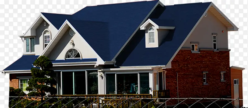 手绘扁平风格蓝色的屋顶别墅