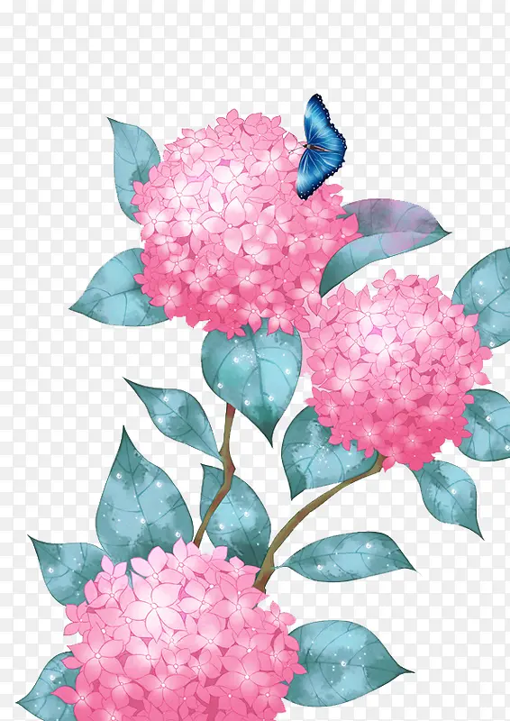 水墨白花绿叶蝴蝶植物素材