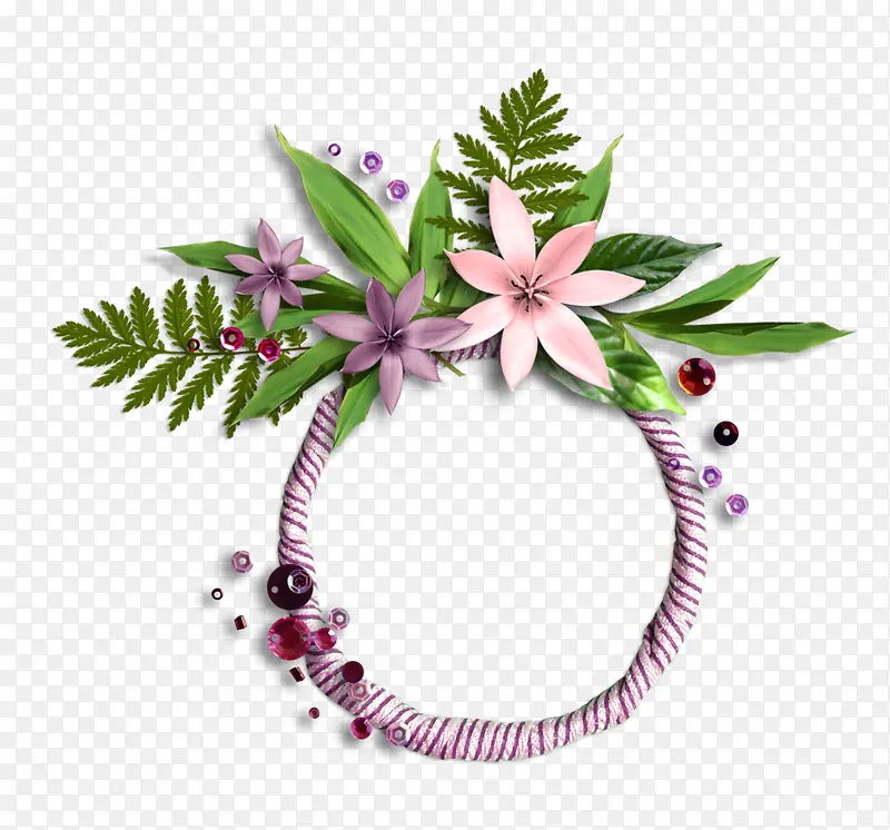 圆环紫色粉色花朵绿叶装饰