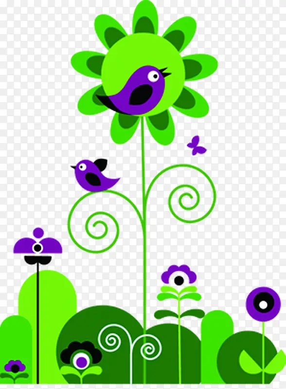 绿色春天卡通花朵紫色小鸟
