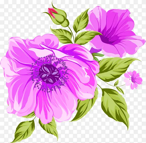 手绘紫色花朵绿色树叶