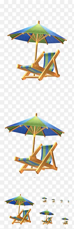 蓝色条纹遮阳伞躺椅卡通夏天