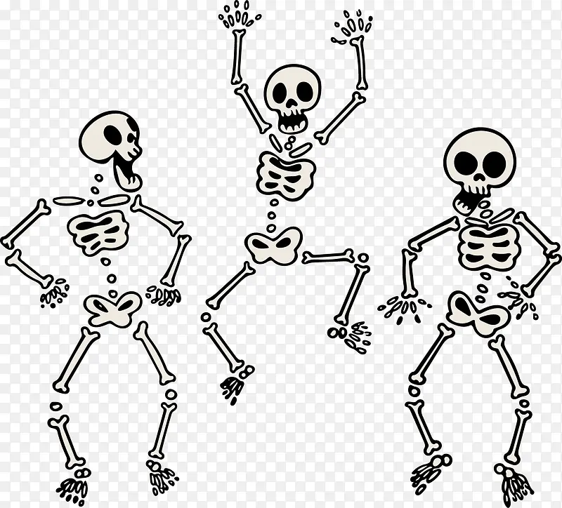 矢量手绘三个跳舞的骷髅骨架