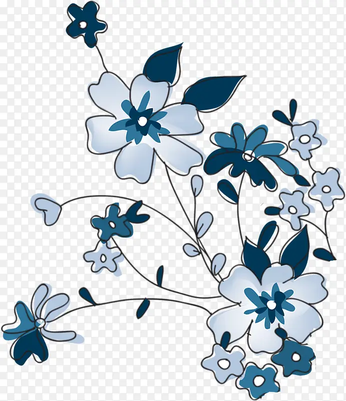 蓝色复古艺术水墨花朵