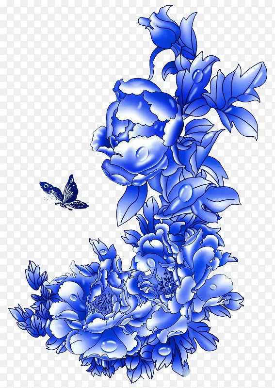 古风蓝色花朵蝴蝶