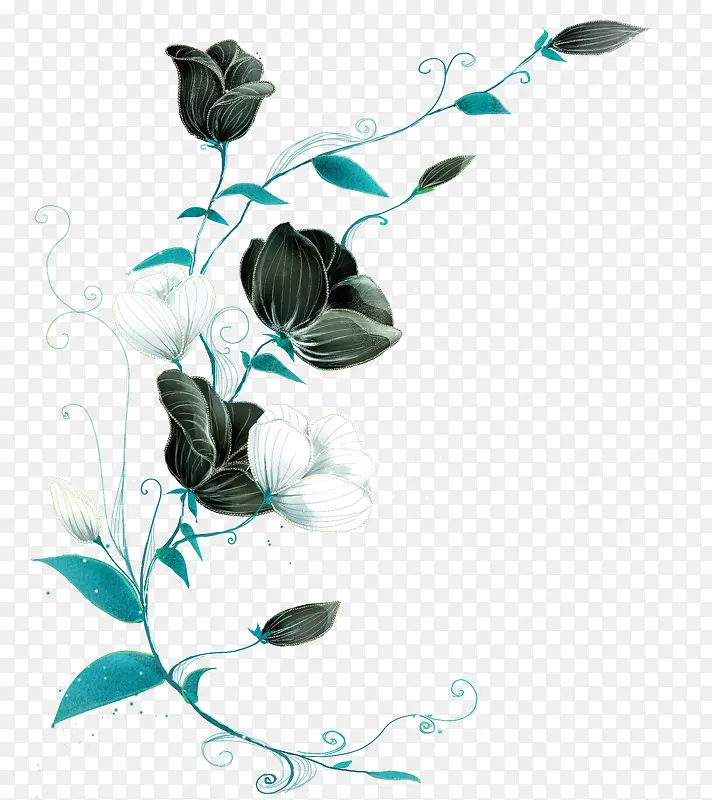 手绘梦幻蓝色植物黑色花朵