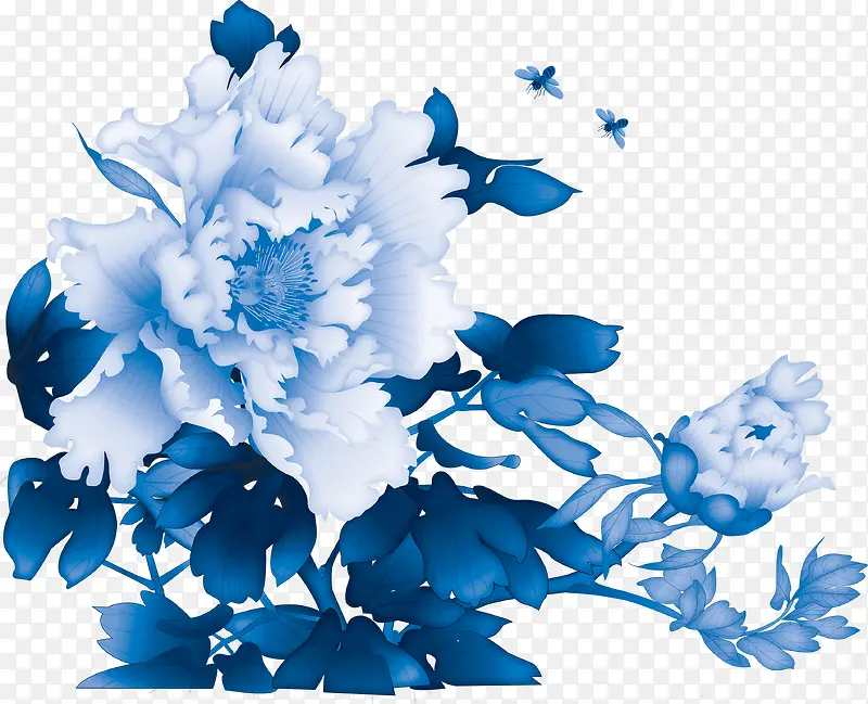 手绘蓝色花朵飞鸟创意