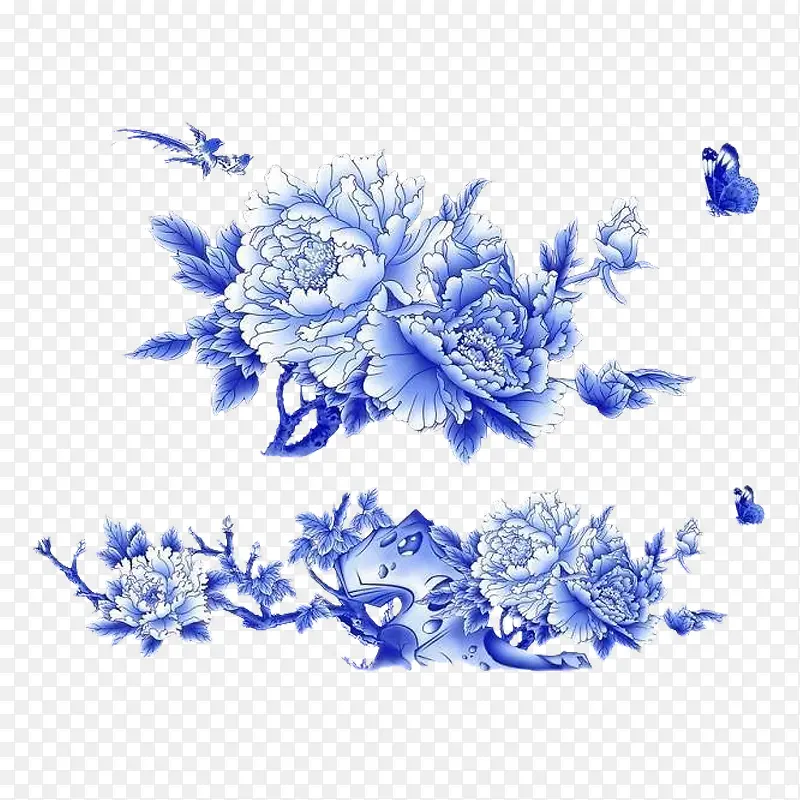 蓝色古风手绘花朵