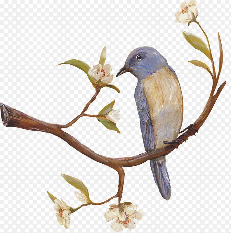 蓝色手绘鸟儿花朵