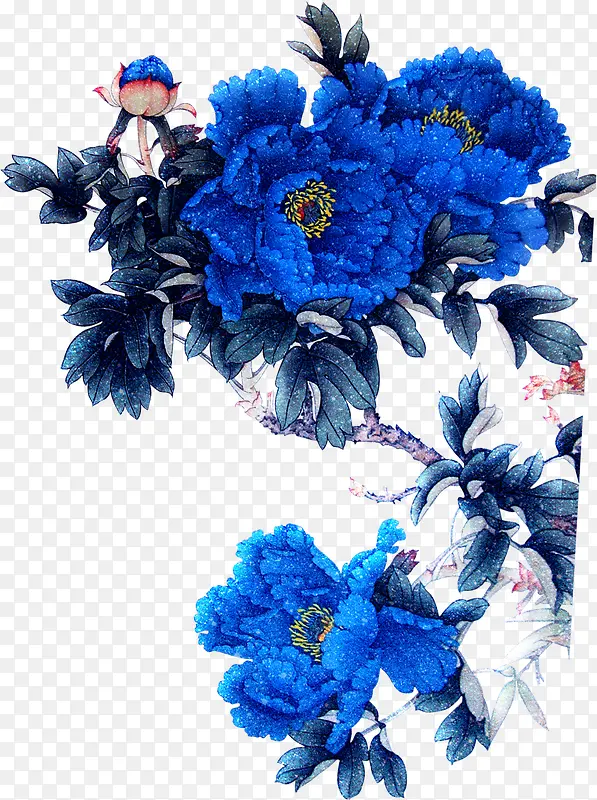 蓝色唯美手绘中式花朵