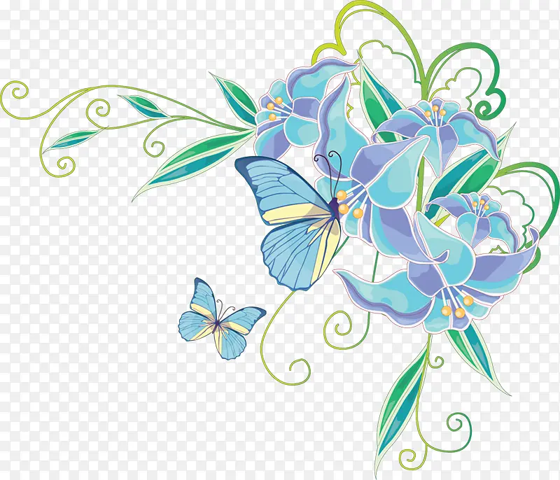 水彩蓝色叶子花朵蝴蝶