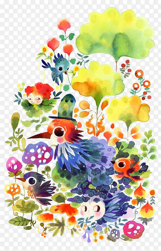 手绘炫彩花鸟叶子图案