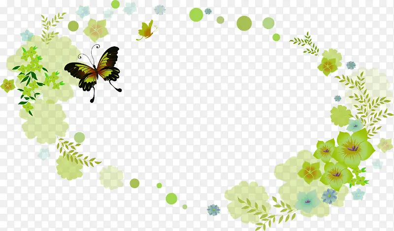 手绘绿色花朵蝴蝶