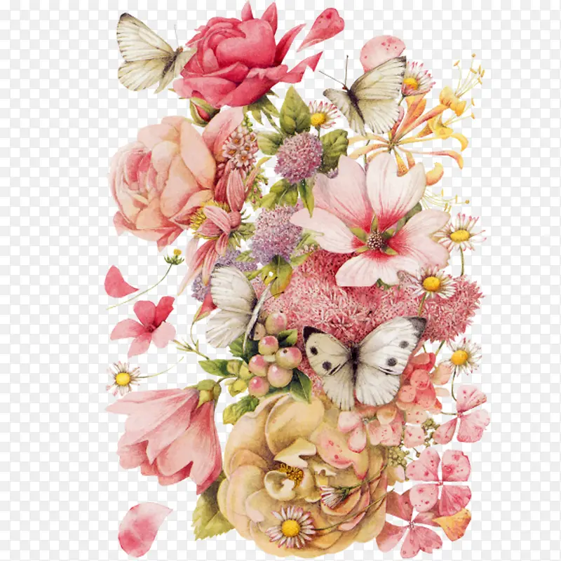 粉色的花和蝴蝶装饰图