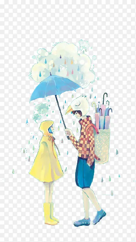 卡通手绘男孩女孩爱情雨伞下雨