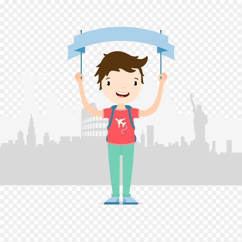 举条幅 旅行男孩 矢量素材 旅
