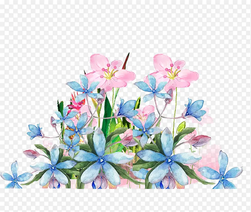 蓝色手绘水彩小花装饰图案
