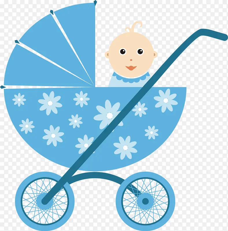 手绘蓝色婴儿车婴儿图案