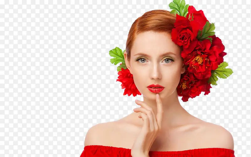 高清摄影创意红色花朵美女