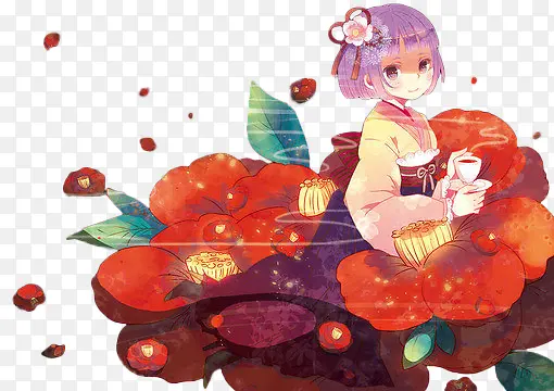 卡通动漫人物红色花朵