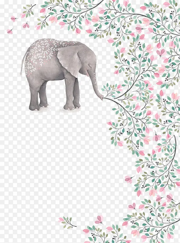 手绘清新粉绿色植物大象
