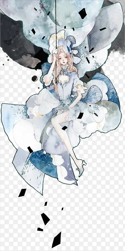 淡蓝色水墨少女插画
