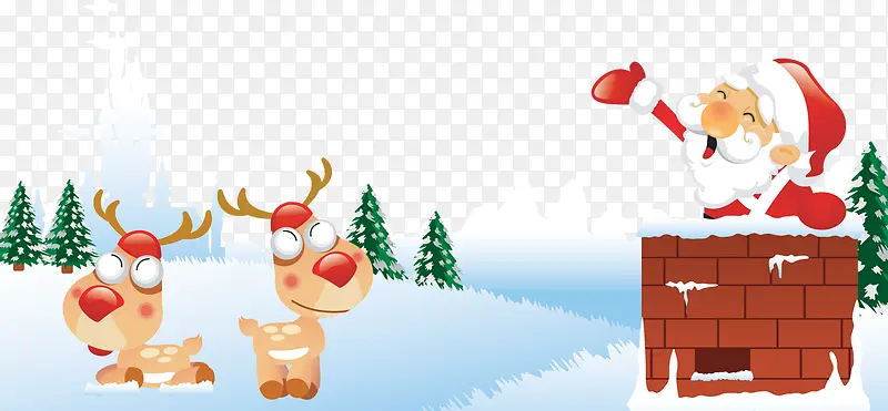 手绘雪后圣诞老人麋鹿