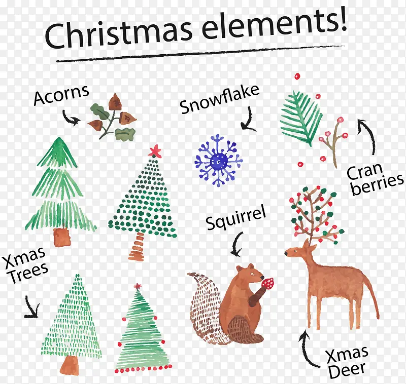 矢量手绘圣诞树和卡通动物