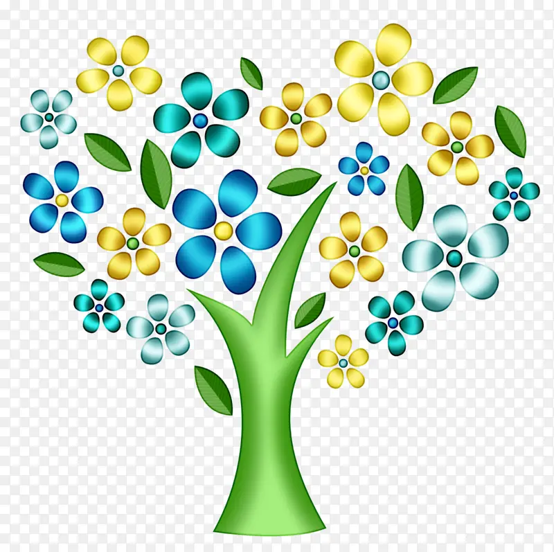 一颗长着蓝色黄色绿色花的树