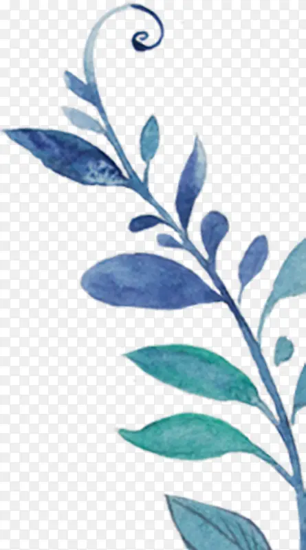 手绘春季蓝色水彩树叶装饰